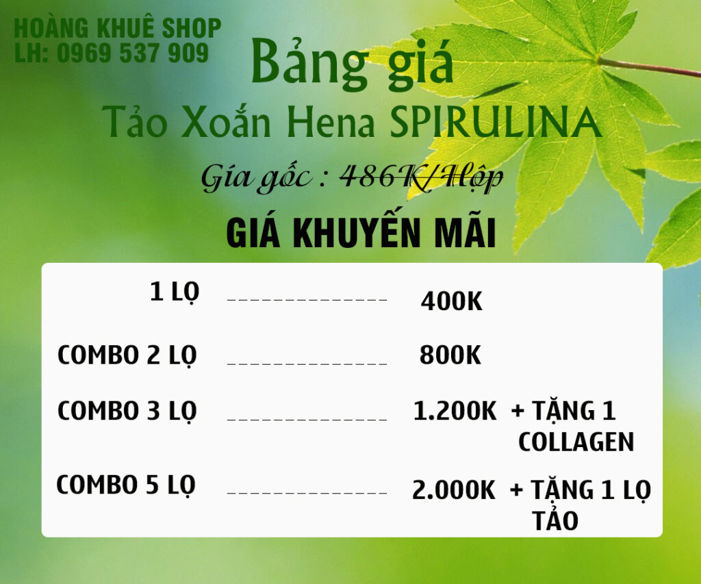 Bảng giá tảo xoắn hena spirulina